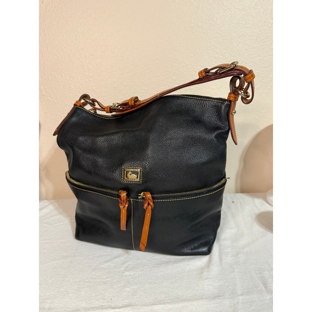 Dooney & Bourke Black Pebbled Leather Hobo Bag Tan Trim Gold Tone Hardware